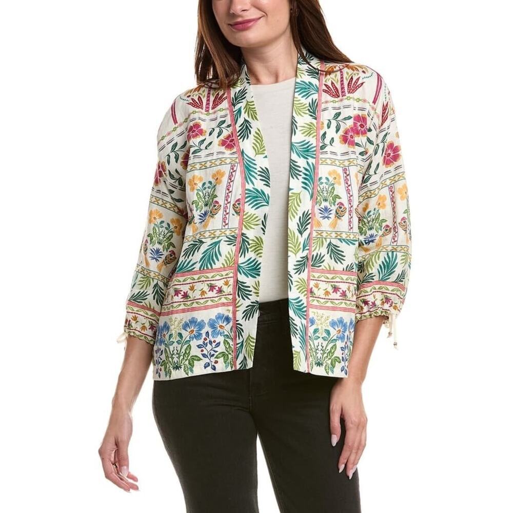 Johnny Was Tropical Floral Boho Resort Linen Cropped Kimono Top Soller Small NWT